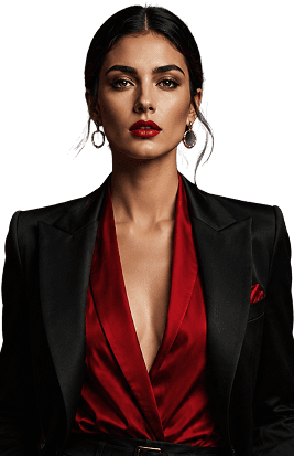 Model in a black suit with a red blouse